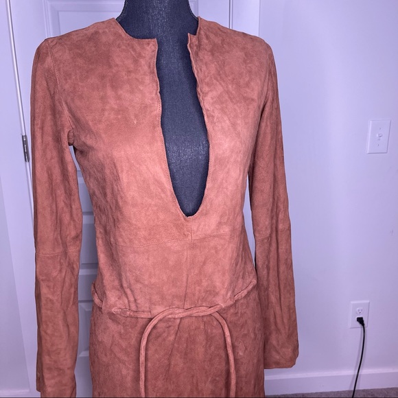 100% Leather Suede Plunge Neck Brown Dress by Guillame - Picture 5 of 7